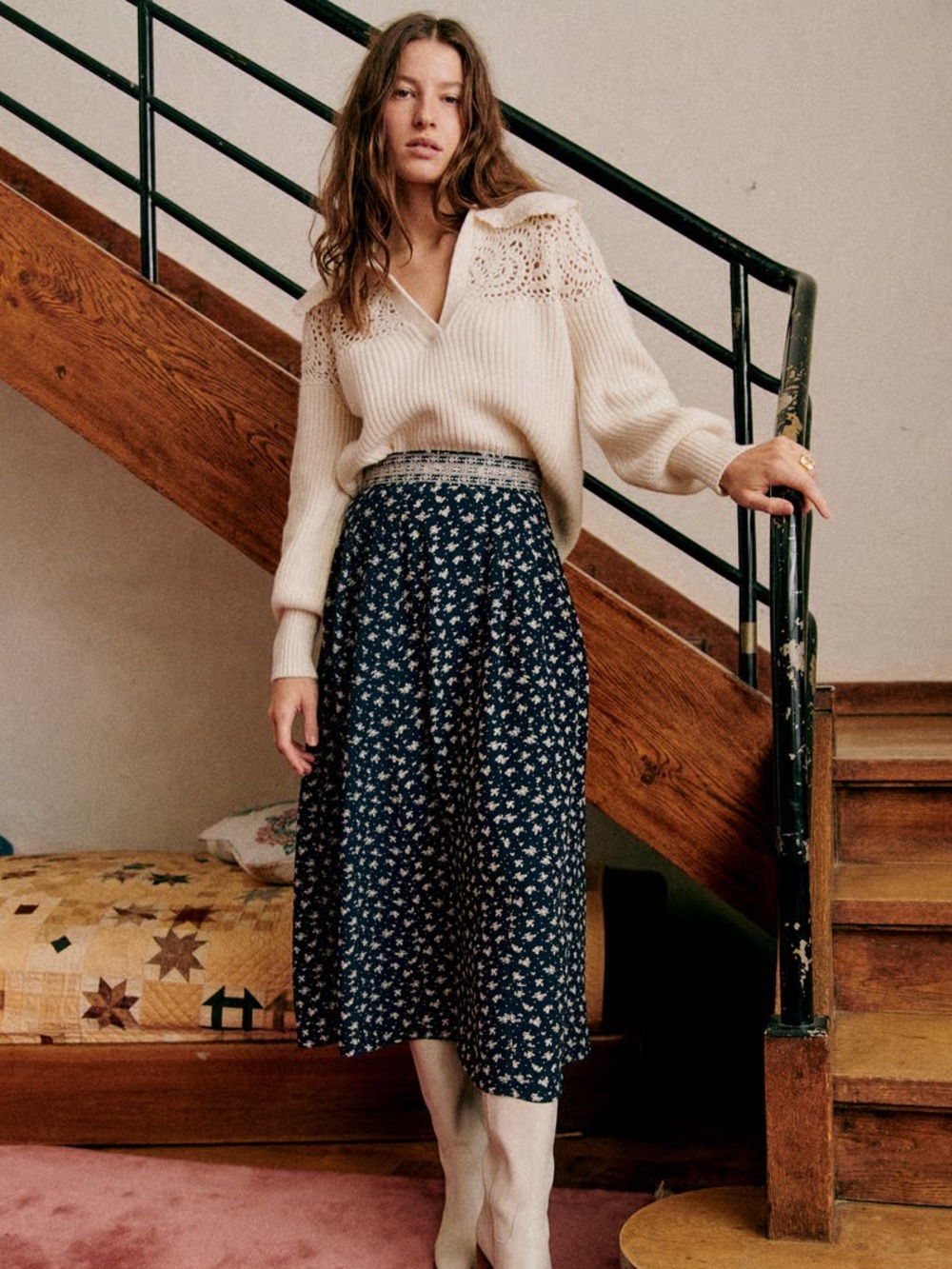 Sezane x Sea NY Navy Floral Midi Skirt with Side Slit
